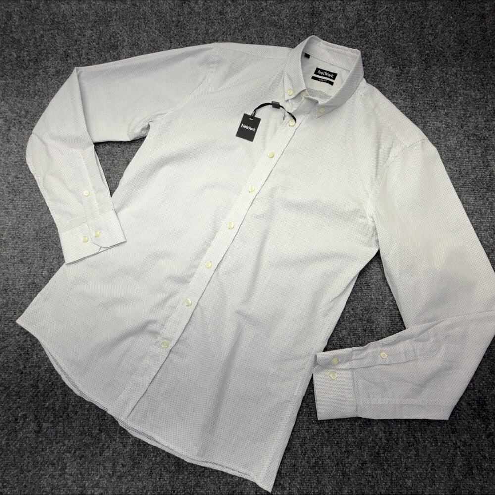 NetWork European Mens Shirt Size 39 Slim Fit White Navy Micro Dot Cotton NWT NEW